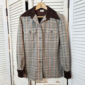 Vintage 70s Wool Plaid Jacket With Corduroy Accents Made In France Small
